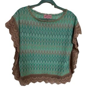 VTG Miss June Paris Teal Brown Crochet Lace Trim Boho Knit Top Sz 1 S/M Peasant